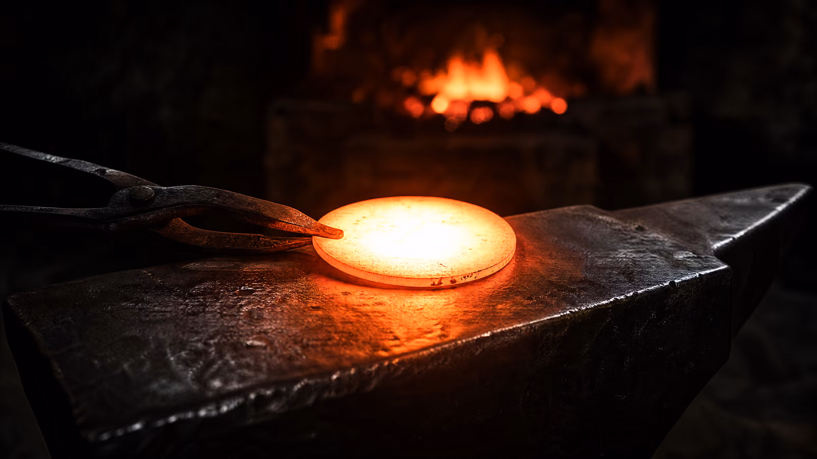 A disc of steel at white heat on the face of an anvil, tongs beside it, the forge hearth burning behind.