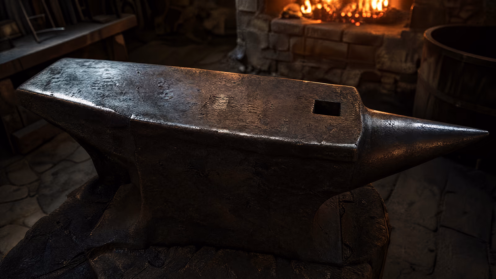 The scarred working face of a blacksmith's anvil.